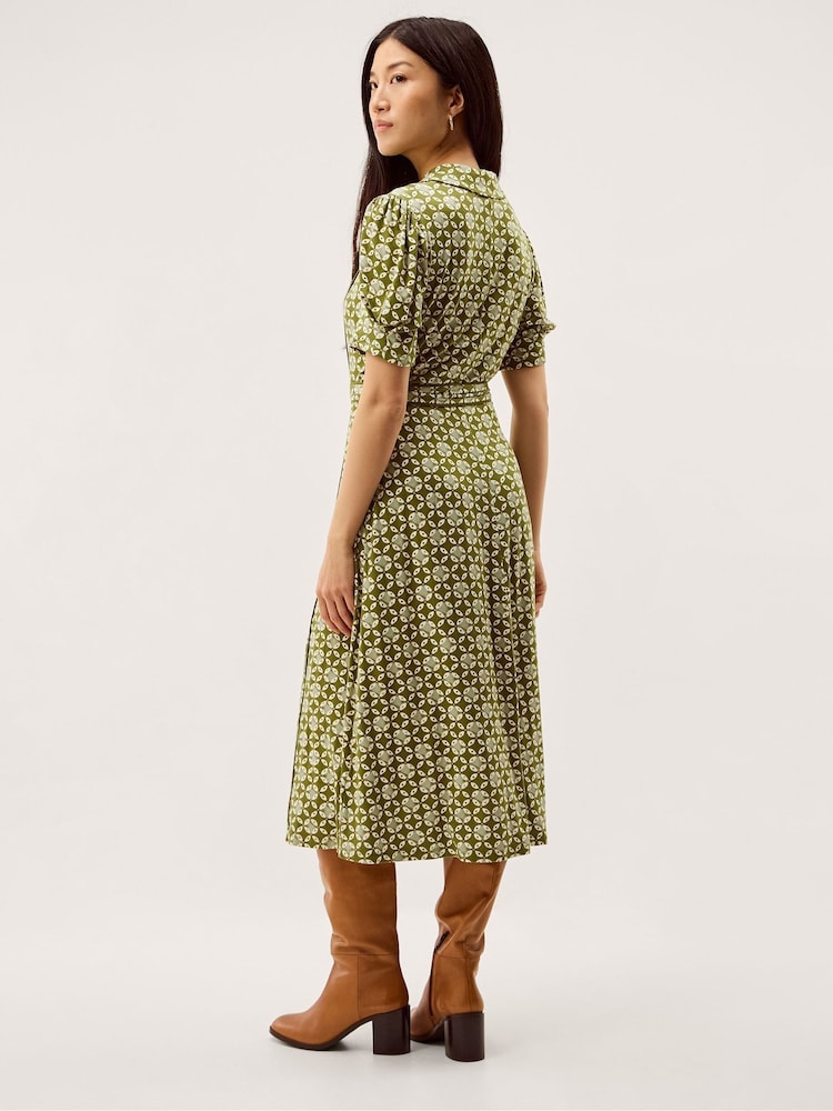Monsoon Khaki Kalani Short Sleeve Geometric Print Jersey Midi Shirt Dress - Image 2 of 4