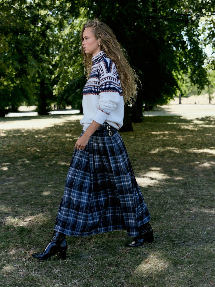 Grå/Blå rutete - N. Premium Kilt Midi Skirt - Bilde 1 av 10