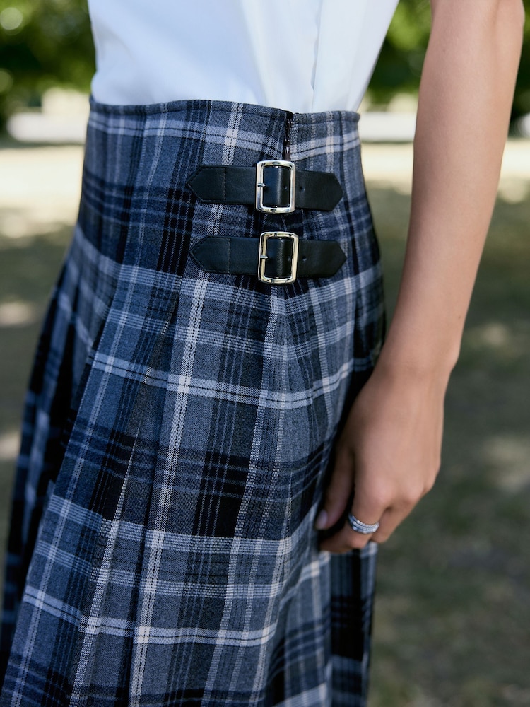Grey/Blue Check - N. Premium Kilt Midi Skirt - 7এর মধ্যে 7 ছবি