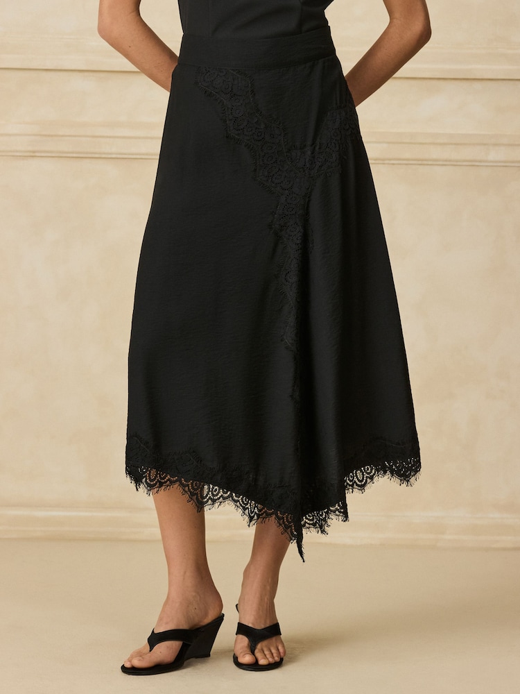 ខ្មៅ - Satin Asymmetric Midi Skirt with Lace Trim - រូបភាព 2 នៃ 8 ខ្មៅ - Satin Asymmetric Midi Skirt with Lace Trim - រូបភាព 2 នៃ 8