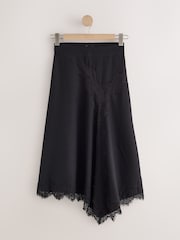 ខ្មៅ - Satin Asymmetric Midi Skirt with Lace Trim - រូបភាព 6 នៃ 8