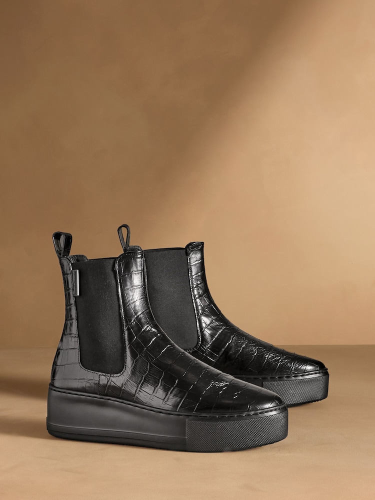 Russell & Bromley Black Croc Embossed Park Way Flatform Chelsea Boots - Image 1 of 7