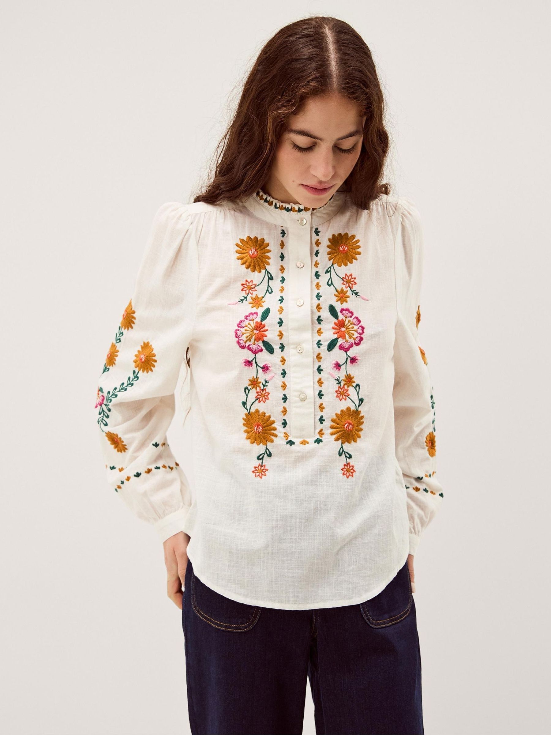 Buy Monsoon White Emmy Floral Embroidered Long Sleeve Cotton Top