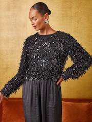 黑色 - Love & Roses Fringe Sequin Long Sleeve Blouse - 6的图像1｝