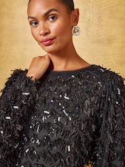 黑色 - Love & Roses Fringe Sequin Long Sleeve Blouse - 6的图像2｝