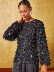 黑色 - Love & Roses Fringe Sequin Long Sleeve Blouse - 6的图像3｝