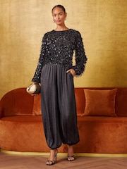 黑色 - Love & Roses Fringe Sequin Long Sleeve Blouse - 6的图像4｝