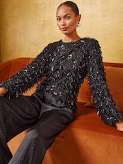 黑色 - Love & Roses Fringe Sequin Long Sleeve Blouse - 6的图像5｝