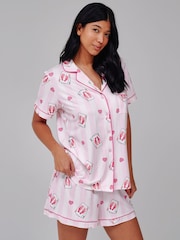 Loungeable Pink Leopard Stripe Short Sleeve Shirt And Shorts Button Through Pyjama Set - Image 1 of 5