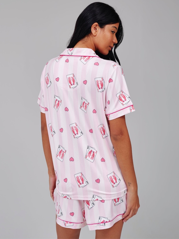Loungeable Pink Leopard Stripe Short Sleeve Shirt And Shorts Button Through Pyjama Set - Image 2 of 5 Loungeable Pink Leopard Stripe Short Sleeve Shirt And Shorts Button Through Pyjama Set - Image 2 of 5