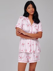 Loungeable Pink Leopard Stripe Short Sleeve Shirt And Shorts Button Through Pyjama Set - Image 3 of 5