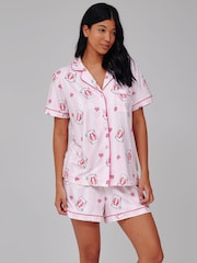 Loungeable Pink Leopard Stripe Short Sleeve Shirt And Shorts Button Through Pyjama Set - Image 4 of 5
