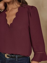 Love & Roses Burgundy Red Scallop V-Neck Flute Sleeve Blouse - Image 2 of 5