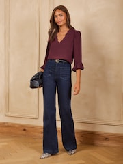 Love & Roses Burgundy Red Scallop V-Neck Flute Sleeve Blouse - Image 3 of 5
