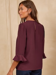 Love & Roses Burgundy Red Scallop V-Neck Flute Sleeve Blouse - Image 4 of 5