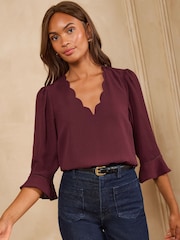 Love & Roses Burgundy Red Scallop V-Neck Flute Sleeve Blouse - Image 5 of 5