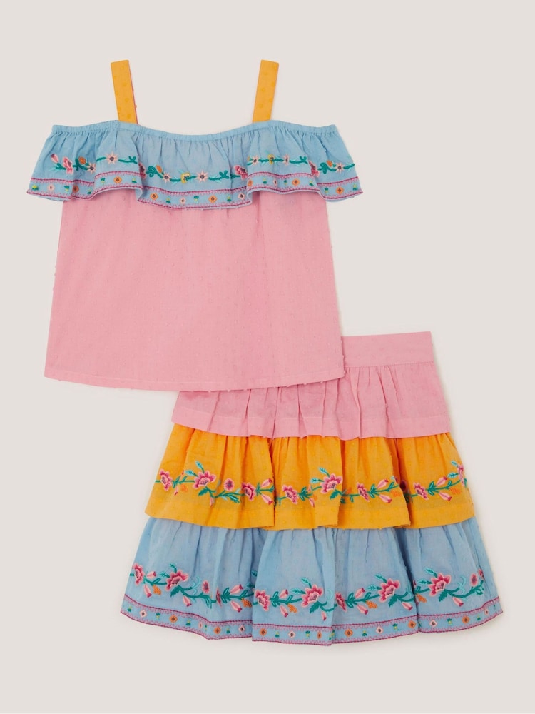 Monsoon Pink Floral Embroidered Colourblock Top & Skirt Set - Image 1 of 3