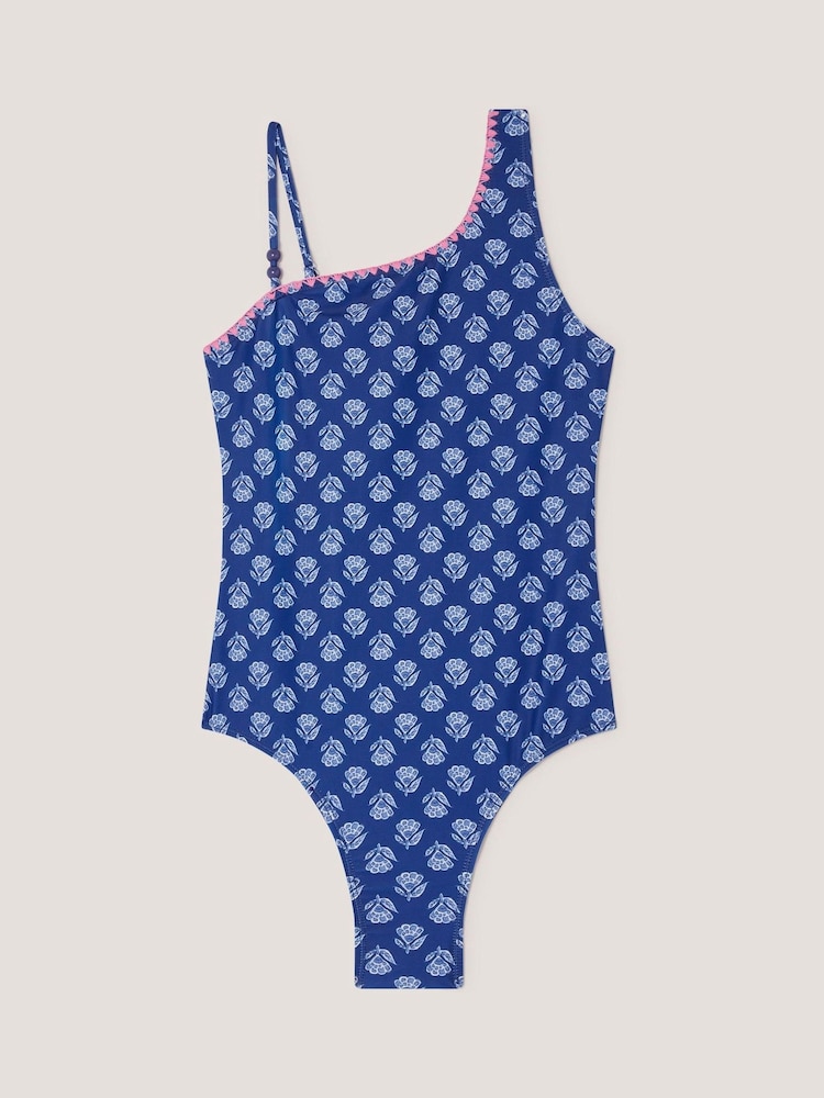 Monsoon Blue One Shoulder Block Print Swimsuit - Image 1 of 3
