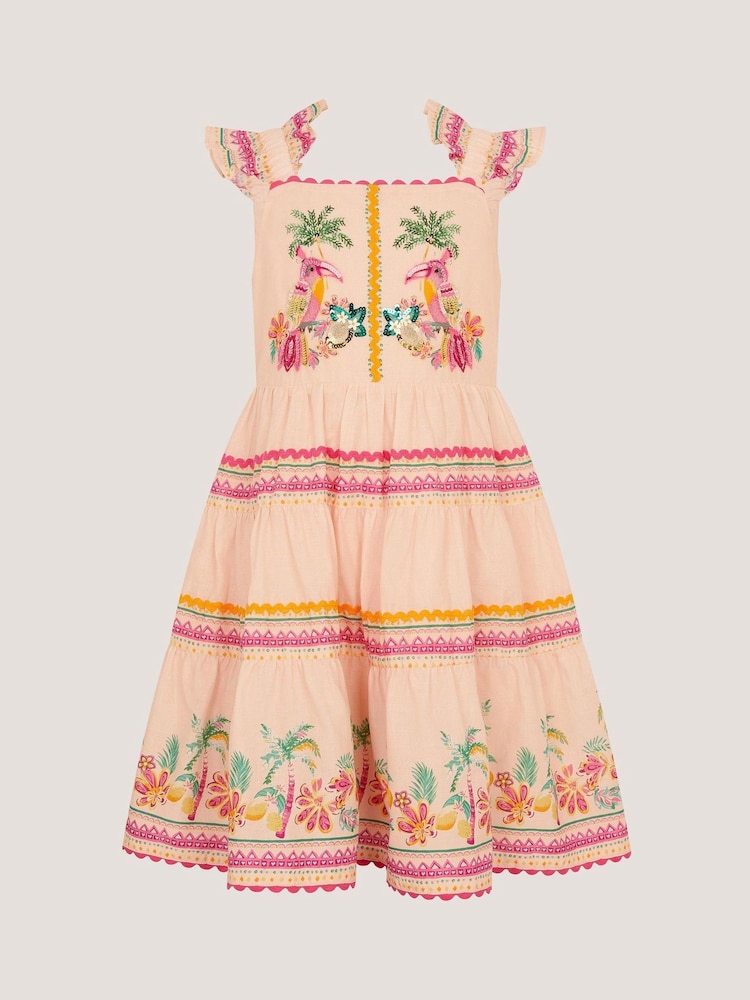 Monsoon Tina Tropical Toucan Embellished Dress - Afbeelding 1 van 3 Monsoon Tina Tropical Toucan Embellished Dress - Afbeelding 1 van 3