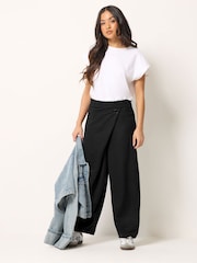 PixieGirl Petite Black Chrome Jersey Wrap Button Trousers - Image 1 of 4