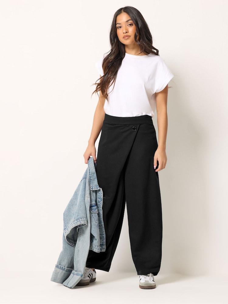 PixieGirl Petite Black Chrome Jersey Wrap Button Trousers - Image 1 of 4