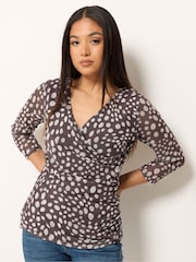 M&Co Brown Petite 3/4 Sleeve Mesh Wrap Top - Image 1 of 5