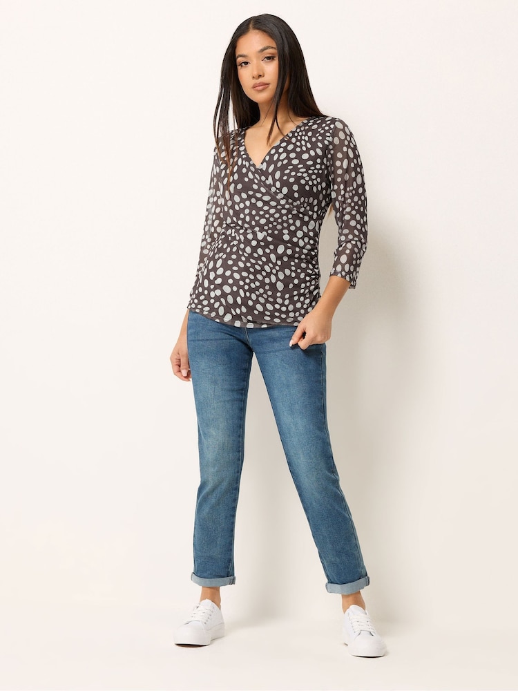 M&Co Brown Petite 3/4 Sleeve Mesh Wrap Top - Image 2 of 5