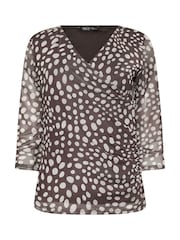 M&Co Brown Petite 3/4 Sleeve Mesh Wrap Top - Image 5 of 5