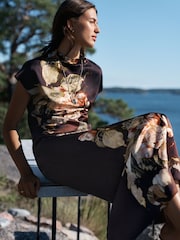 Ashmolean Museum x Next Wine Floral Print Satin Short Sleeve T-Shirt - Image 1 of 7