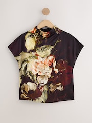 Ashmolean Museum x Next Wine Floral Print Satin Short Sleeve T-Shirt - Image 5 of 7