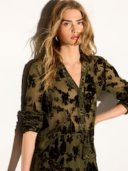Olive Green Flocked Velvet Floral V-Neck Long Sleeve Shirt - Image 1 of 8