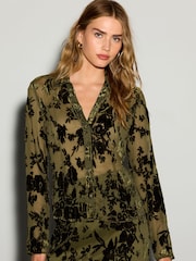 Olive Green Flocked Velvet Floral V-Neck Long Sleeve Shirt - Image 2 of 8