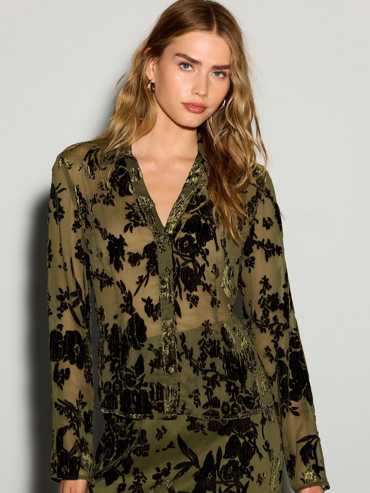 Olive Green Flocked Velvet Floral V-Neck Long Sleeve Shirt - Image 2 of 8