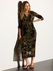 Olive Green Flocked Velvet Floral V-Neck Long Sleeve Shirt - Image 3 of 8