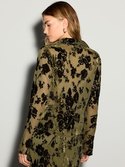 Olive Green Flocked Velvet Floral V-Neck Long Sleeve Shirt - Image 4 of 8
