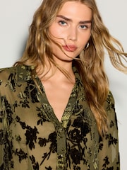 Olive Green Flocked Velvet Floral V-Neck Long Sleeve Shirt - Image 5 of 8