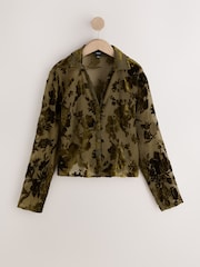 Olive Green Flocked Velvet Floral V-Neck Long Sleeve Shirt - Image 6 of 8