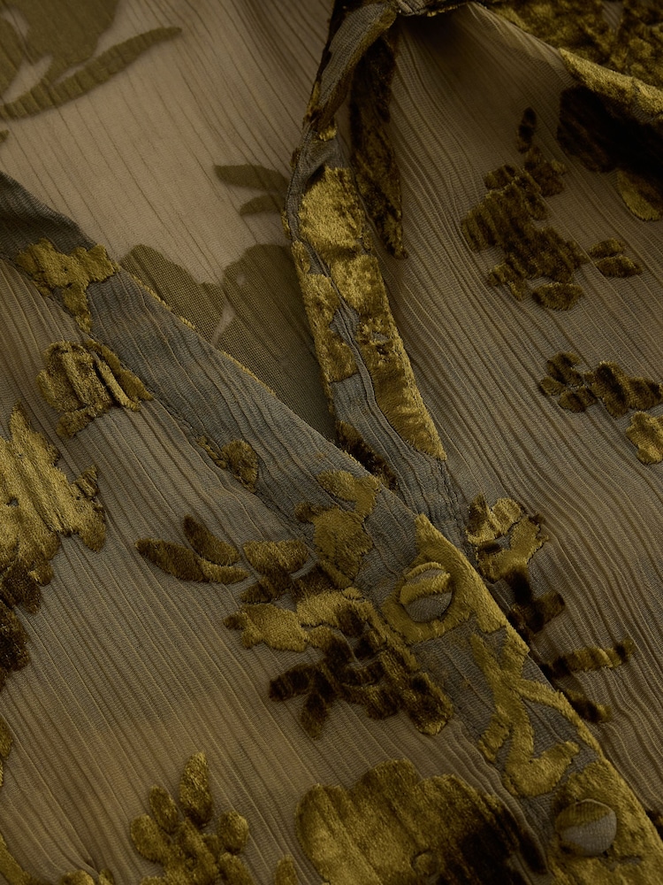 Olive Green Flocked Velvet Floral V-Neck Long Sleeve Shirt - Image 8 of 8