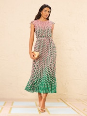 Love & Roses Pink Geo Heart Flutter Sleeve Pleated Midi Dress - Image 1 of 4