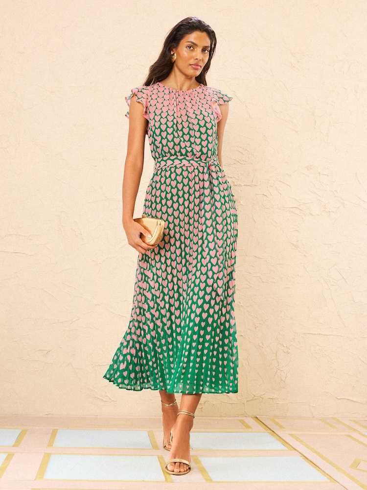 Love & Roses Pink Geo Heart Flutter Sleeve Pleated Midi Dress - Image 1 of 4 Love & Roses Pink Geo Heart Flutter Sleeve Pleated Midi Dress - Image 1 of 4