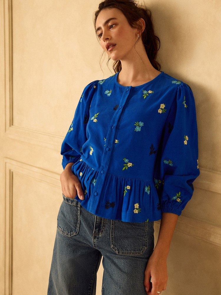 Cobalt Blue Floral Embroidered Corduroy Peplum Long Sleeve Blouse - Image 1 of 8 Cobalt Blue Floral Embroidered Corduroy Peplum Long Sleeve Blouse - Image 1 of 8