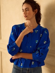 Cobalt Blue Floral Embroidered Corduroy Peplum Long Sleeve Blouse - Image 2 of 8
