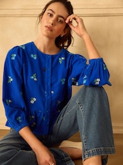 Cobalt Blue Floral Embroidered Corduroy Peplum Long Sleeve Blouse - Image 3 of 8