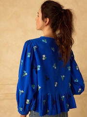 Cobalt Blue Floral Embroidered Corduroy Peplum Long Sleeve Blouse - Image 4 of 8