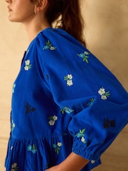 Cobalt Blue Floral Embroidered Corduroy Peplum Long Sleeve Blouse - Image 5 of 8