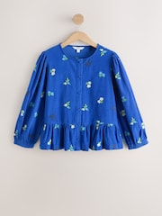 Cobalt Blue Floral Embroidered Corduroy Peplum Long Sleeve Blouse - Image 6 of 8