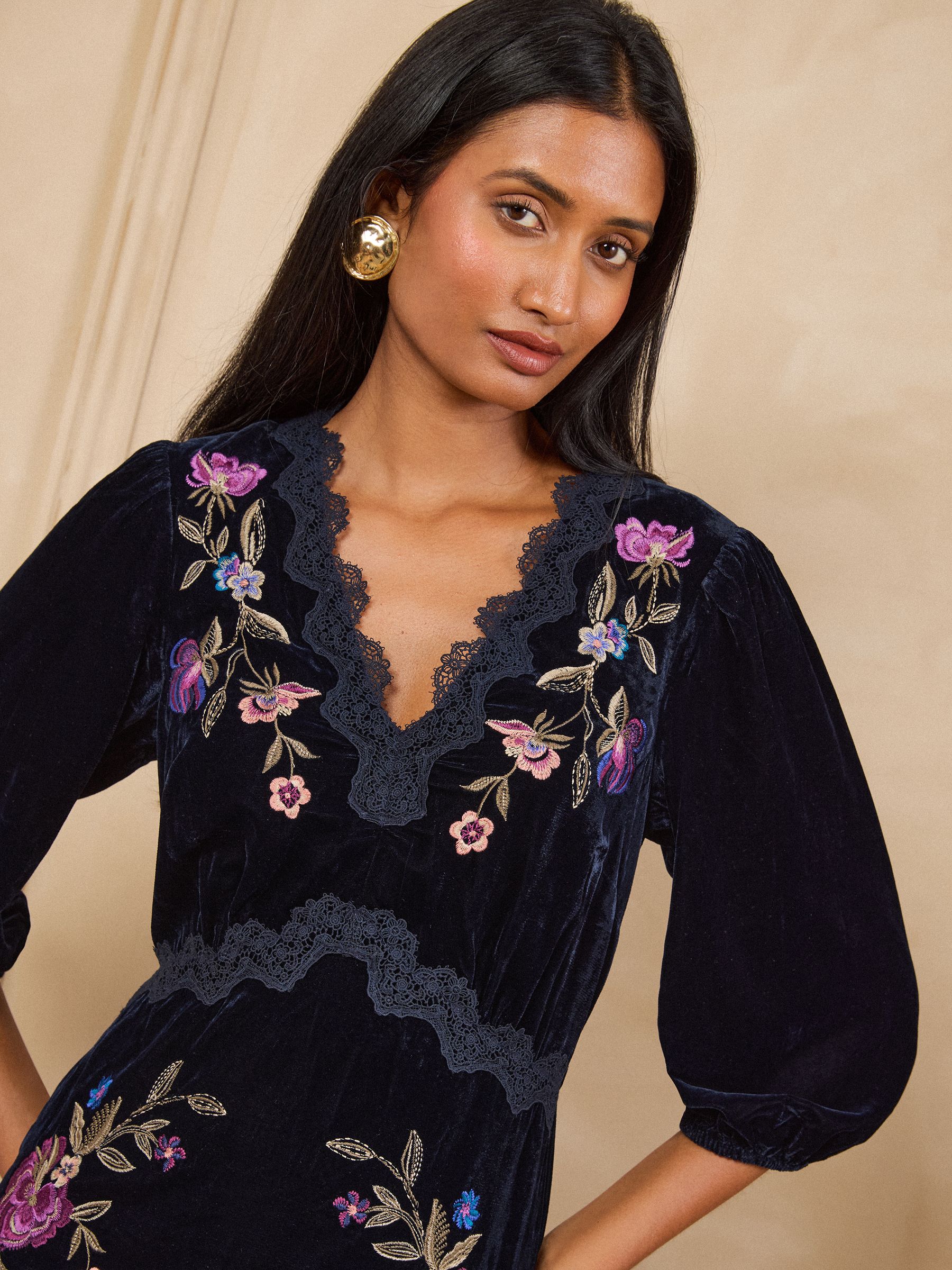Buy Love & Roses Navy Floral Petite Embroidered Lace Detail Velvet