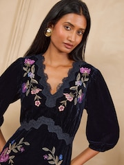 Love & Roses Navy Floral Petite Embroidered Lace Detail Velvet Midi Dress - Image 2 of 5