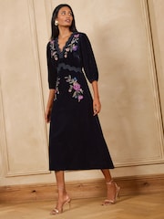 Love & Roses Navy Floral Petite Embroidered Lace Detail Velvet Midi Dress - Image 3 of 5