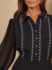 Love & Roses Black Petite Scallop Detail Button Down Mini Shift Dress - Image 2 of 4